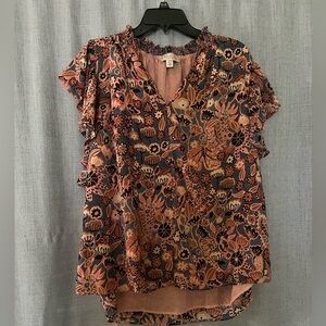 Philosophy Floral Ruffle V-Neck Blouse - Pink Navy